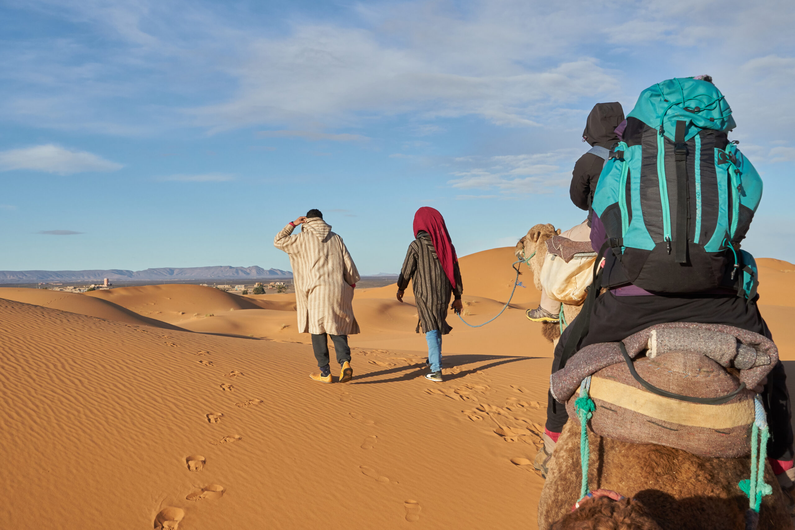 Camels and people going in desert